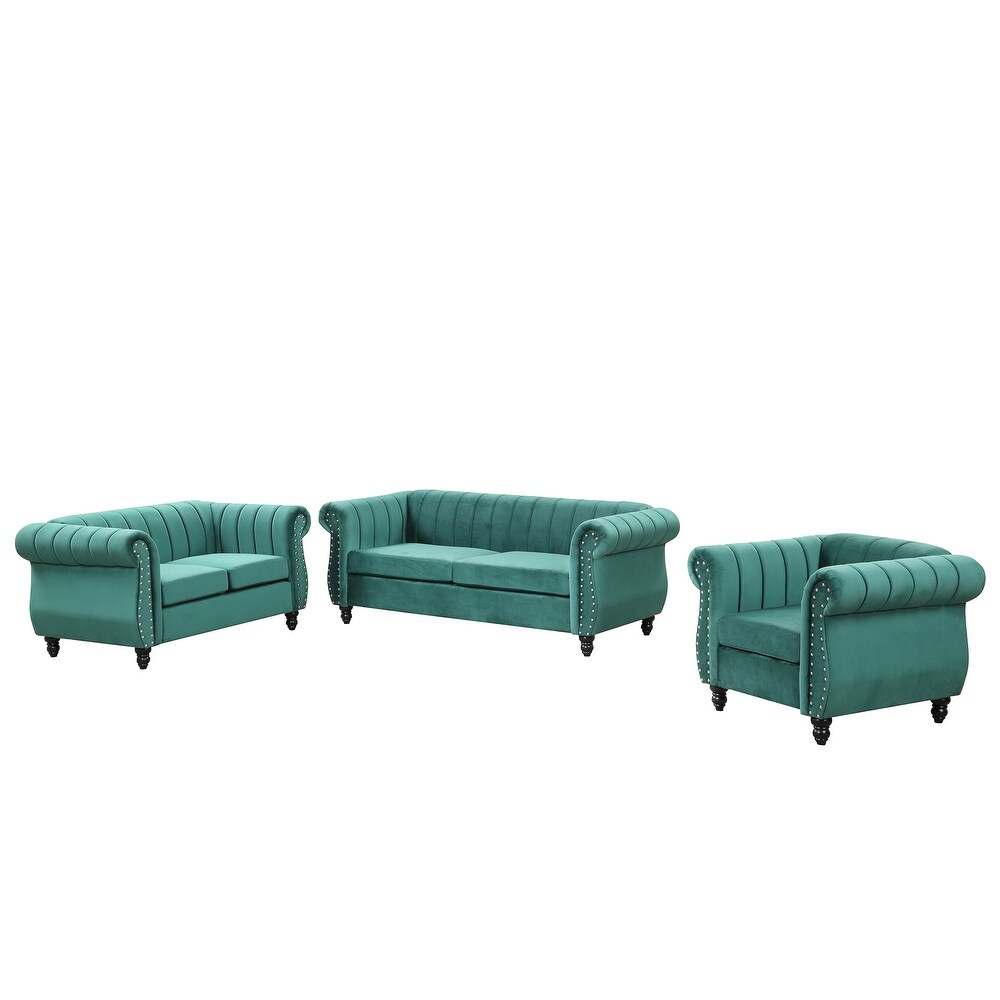 Three Piece Velvet Upholstered Sofa Set 3 Seater Sofa Loveseat and Single Couch Set with Button Tufted Backrest Solid Wood Legs