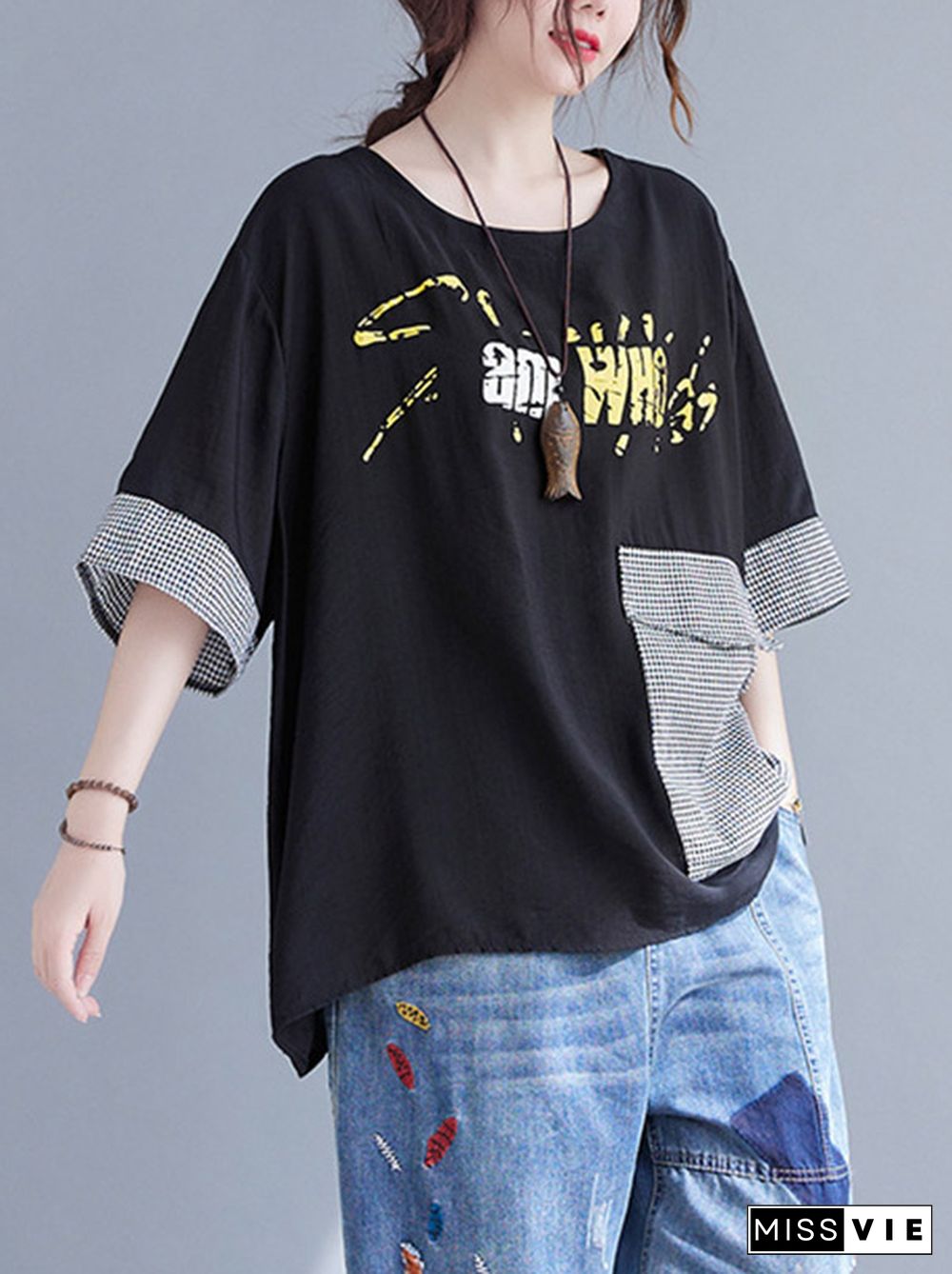 Original Letter Print Split-Joint Round-Neck T-Shirts Tops