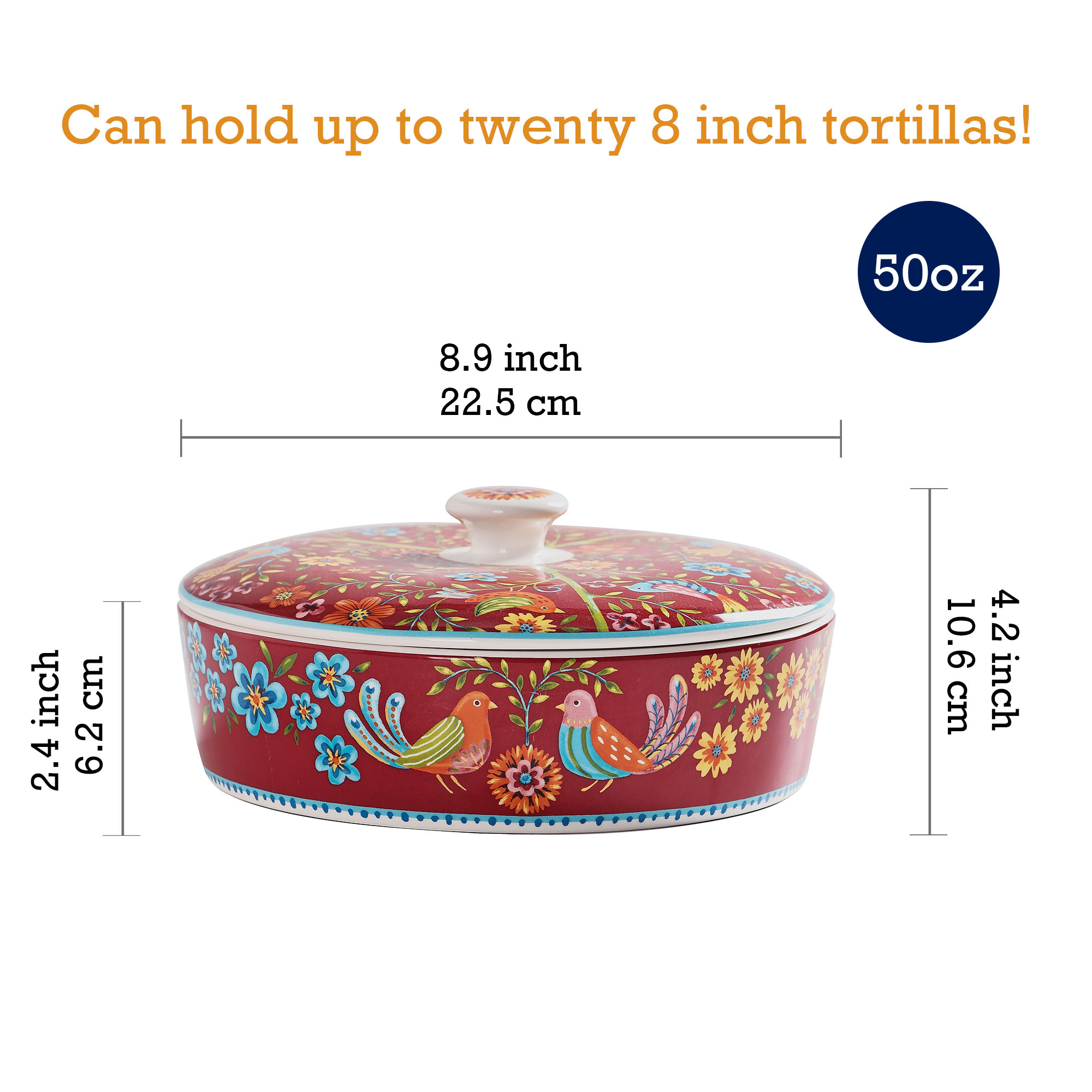 Bico Red Spring Bird Ceramic 8.8 inch Tortilla Warmer， Tortilla Server with Lid， Taco Holder for Mexican Fiesta Party， Taco Tuesday， Microwave and Dishwasher Safe