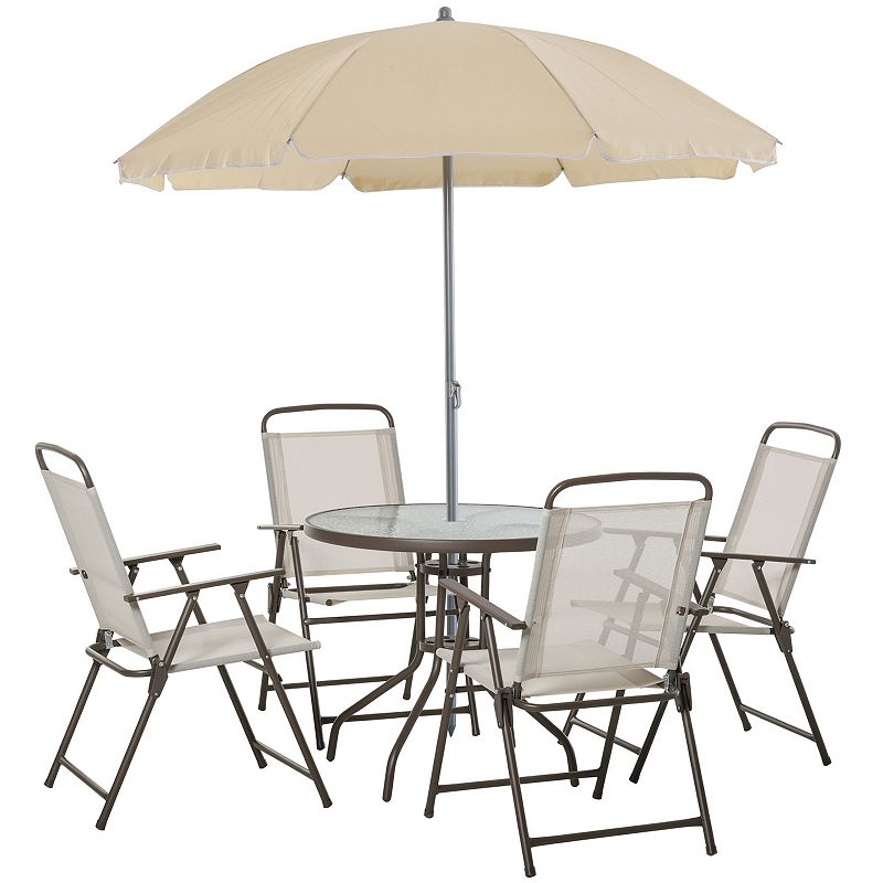 Outsunny 6 Piece Patio Dining Set with Umbrella 4 Folding Dining Chairs and Round Glass Table for Garden Backyard and Poolside Black