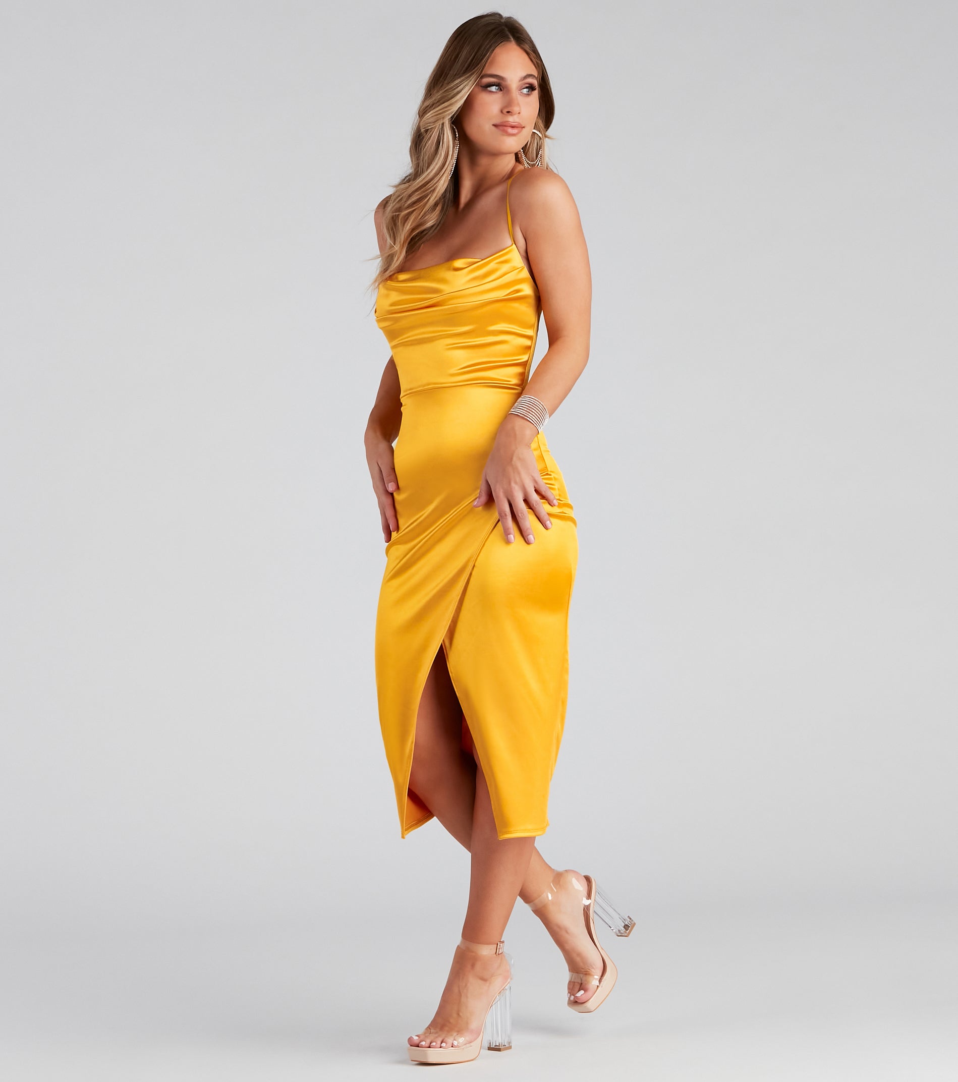 Lillyanne Formal Satin Asymmetrical Midi Dress