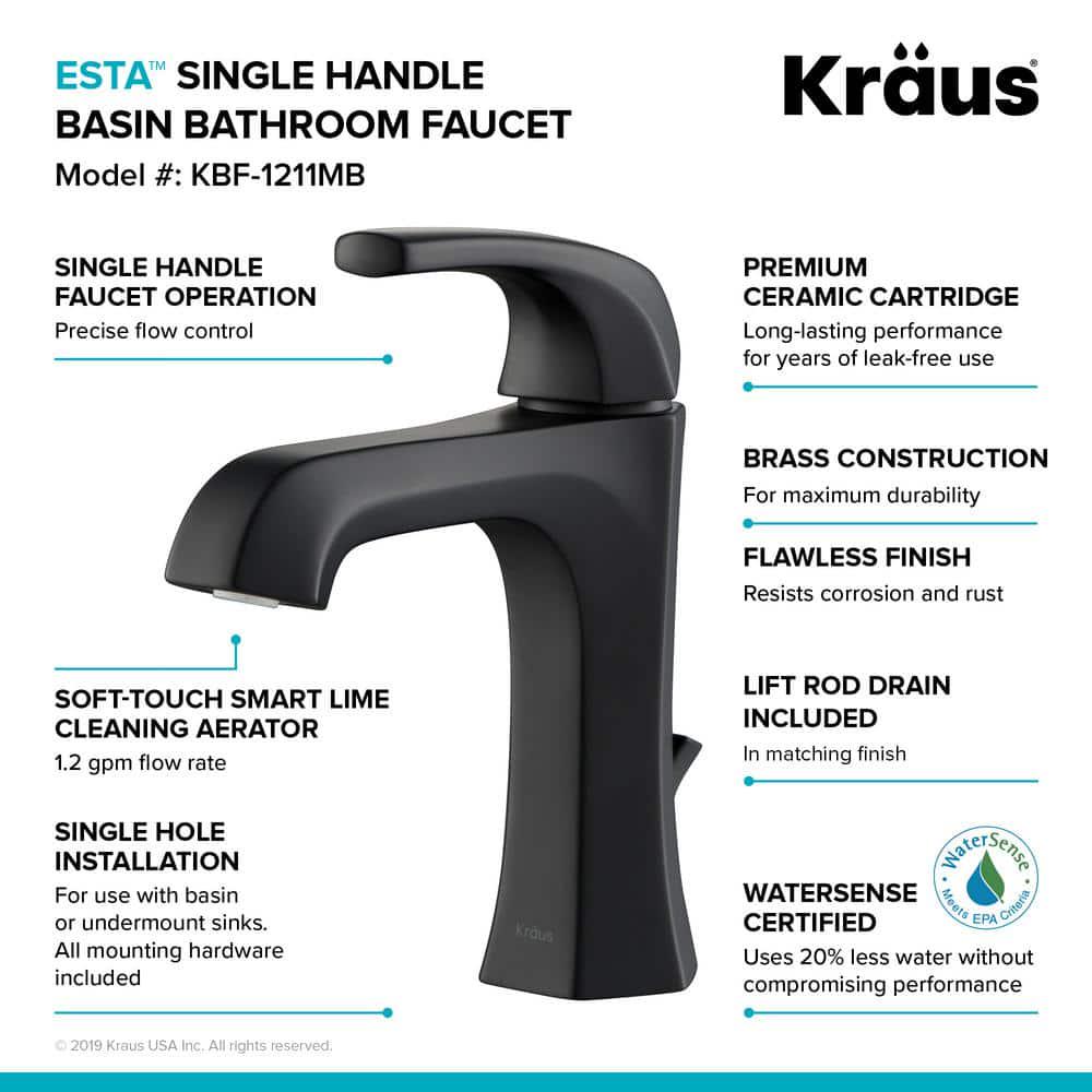 KRAUS Esta Single Hole SingleHandle Basin Bathroom Faucet with Lift Rod Drain in Matte Black