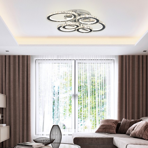 Homcom Elegant Led Chandelier With 6 Rings Ceiling Light With Cool White Lighting For Living Room Dining Room Or Bedroom Silver