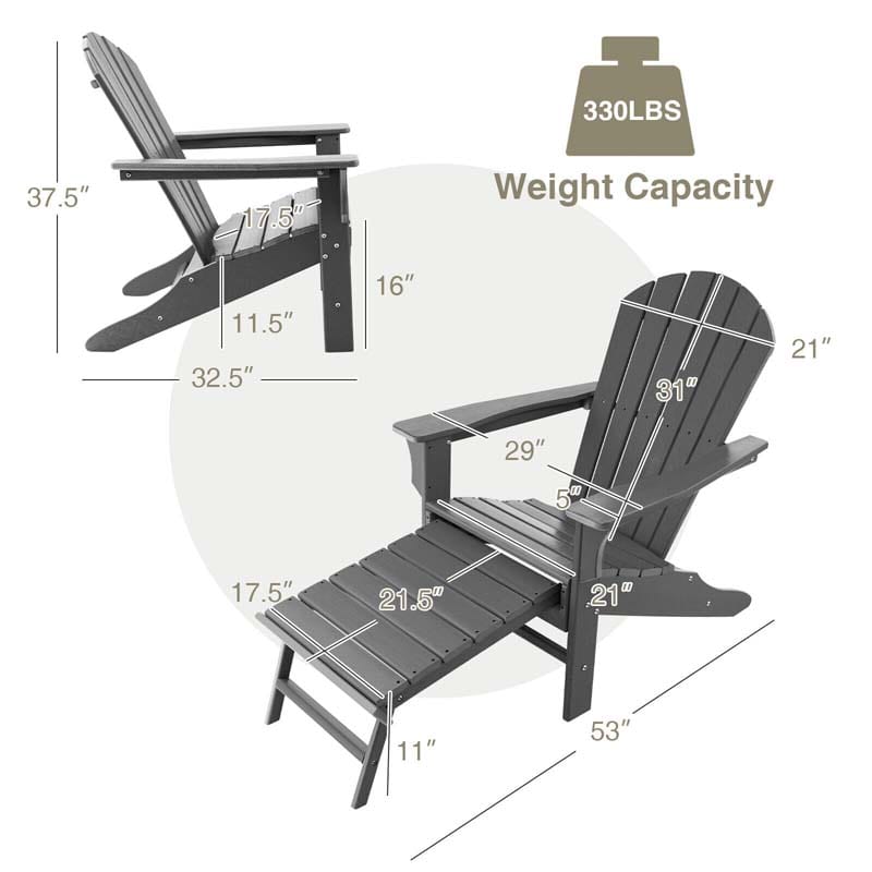 HDPE Adirondack Chair with Retractable Ottoman, Outdoor Chaise Lounge Chair for Lawn Pool Deck