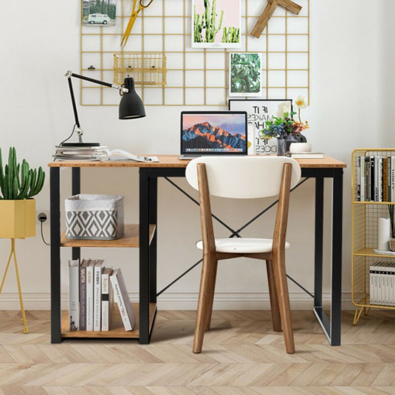 Computer Desk with Wicker Top and 2 Storage Shelves-Natural Desk