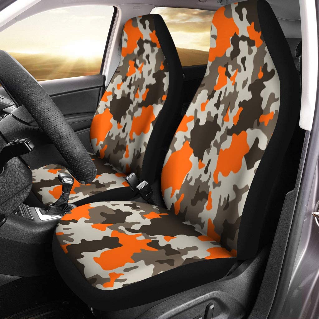 KXMDXA Set of 2 Car Seat Covers Brown Black Camouflage Grey and Orange Camo Geometric Universal Auto Front Seats Protector Fits for Car，SUV Sedan，Truck