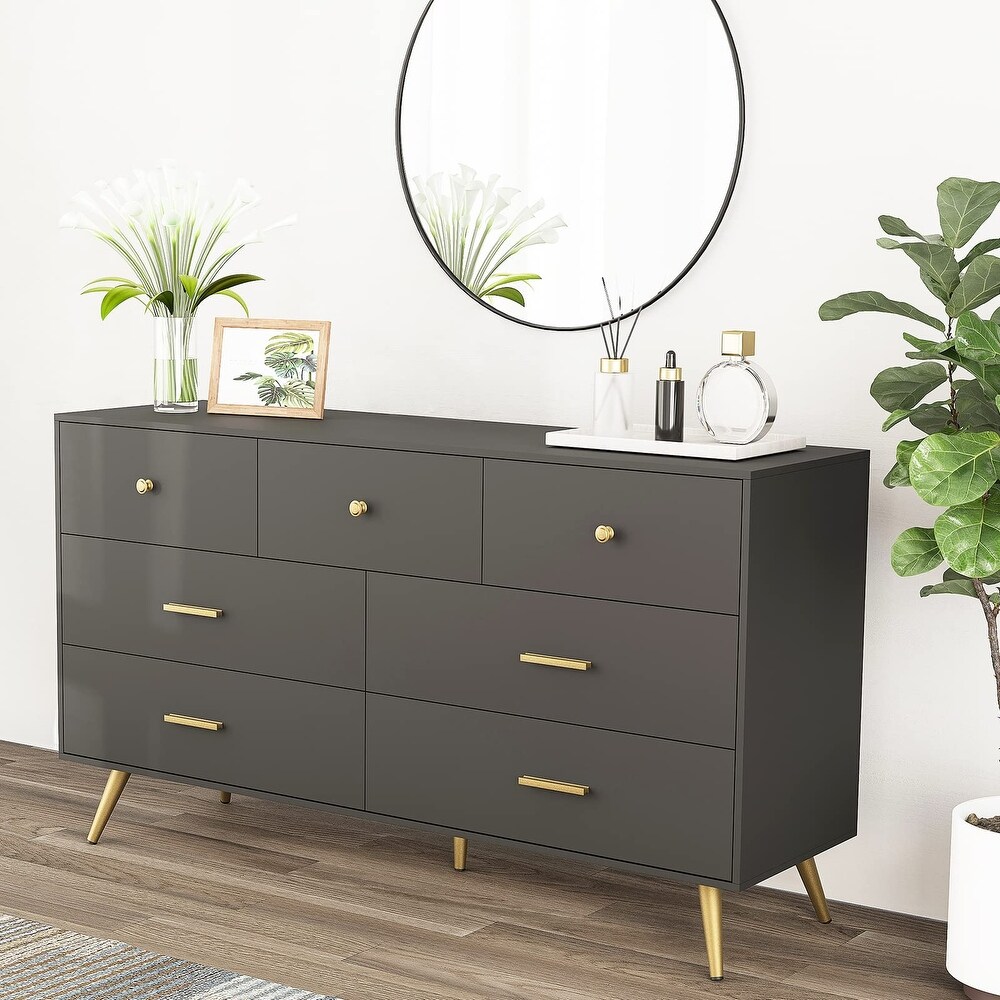 7 Drawer Dresser for Bedroom  Modern Black Wood Dresser with Wide Drawers and Metal Handles  Long Chest of Drawers