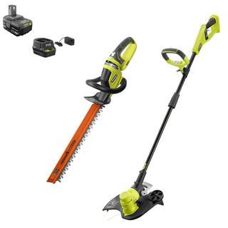 RYOBI ONE+ 18V 13 in. Cordless Battery String TrimmerEdger and 22 in. Hedge Trimmer with 4.0 Ah Battery and Charger P2080-HDG