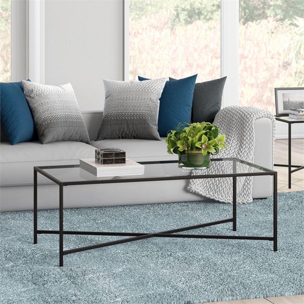 Maklaine Contemporary Coffee Table with Glass Top in Black/Bronze   Transitional   Coffee Tables   by Homesquare  Houzz