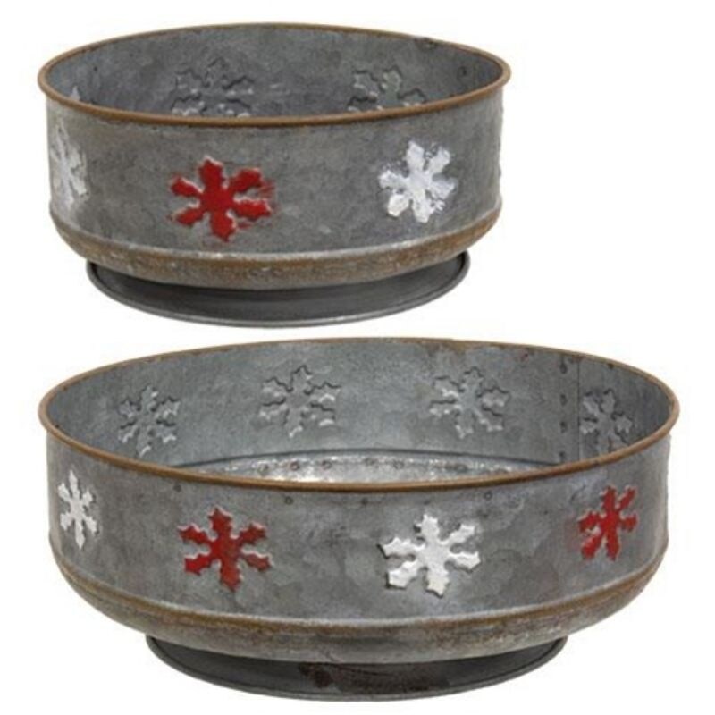 2/Set Galvanized Round Red and White Snowflake Trays - Set of Two