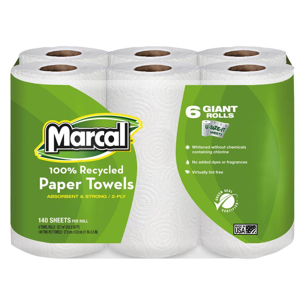 Marcal 2-Ply 5.5 in. x 11 in. 100% Premium Recycled Kitchen Paper Towel Roll (140 Sheets Per Roll 6 RollsPack) MRC6181PK