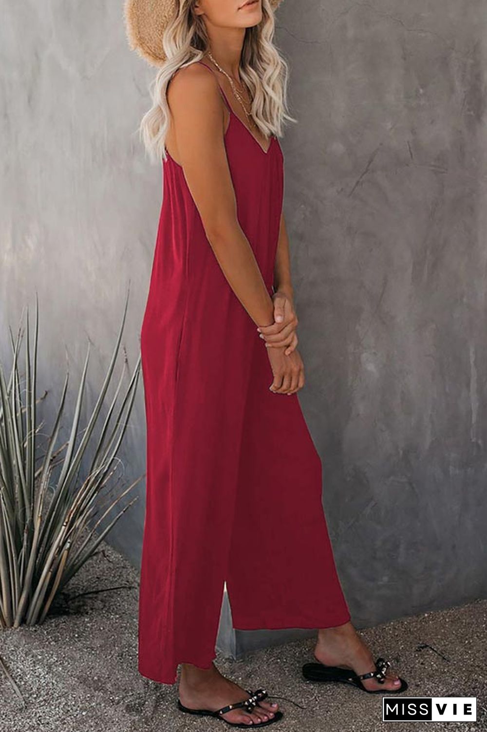 Casual Sling Solid Color Pocket Jumpsuit