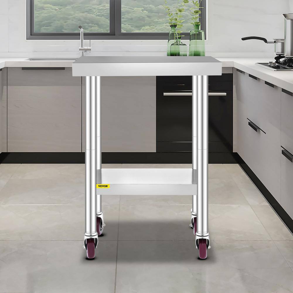 VEVOR Kitchen Prep Table 24 x 18.1 x 33.9 in. Stainless Steel Rolling Table with Wheels and Brake Kitchen Utility TableSilver CFGZT24X18X34YC01V0