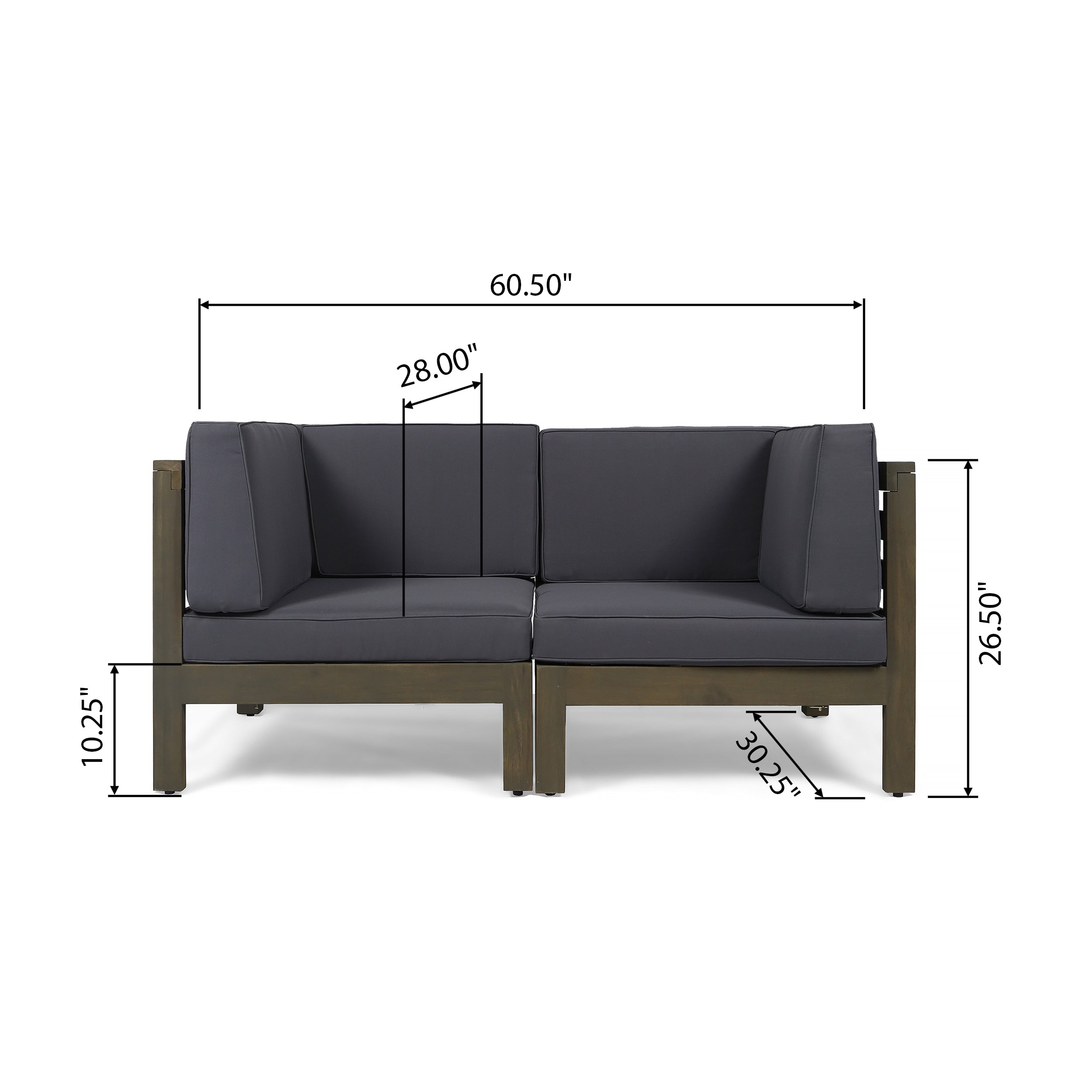 Dawson Outdoor Sectional Loveseat Set - 2-Seater - Acacia Wood - Outdoor Cushions