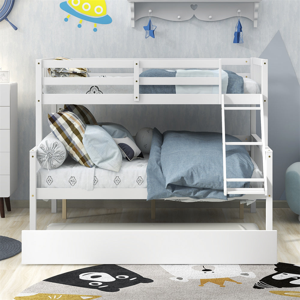 Twin Over Full Bunk Bed with Trundle, Pine Wood Bed Frame and Ladder with Guard Rails for Toddlers, Kids, Teens, Boys and Girls, White