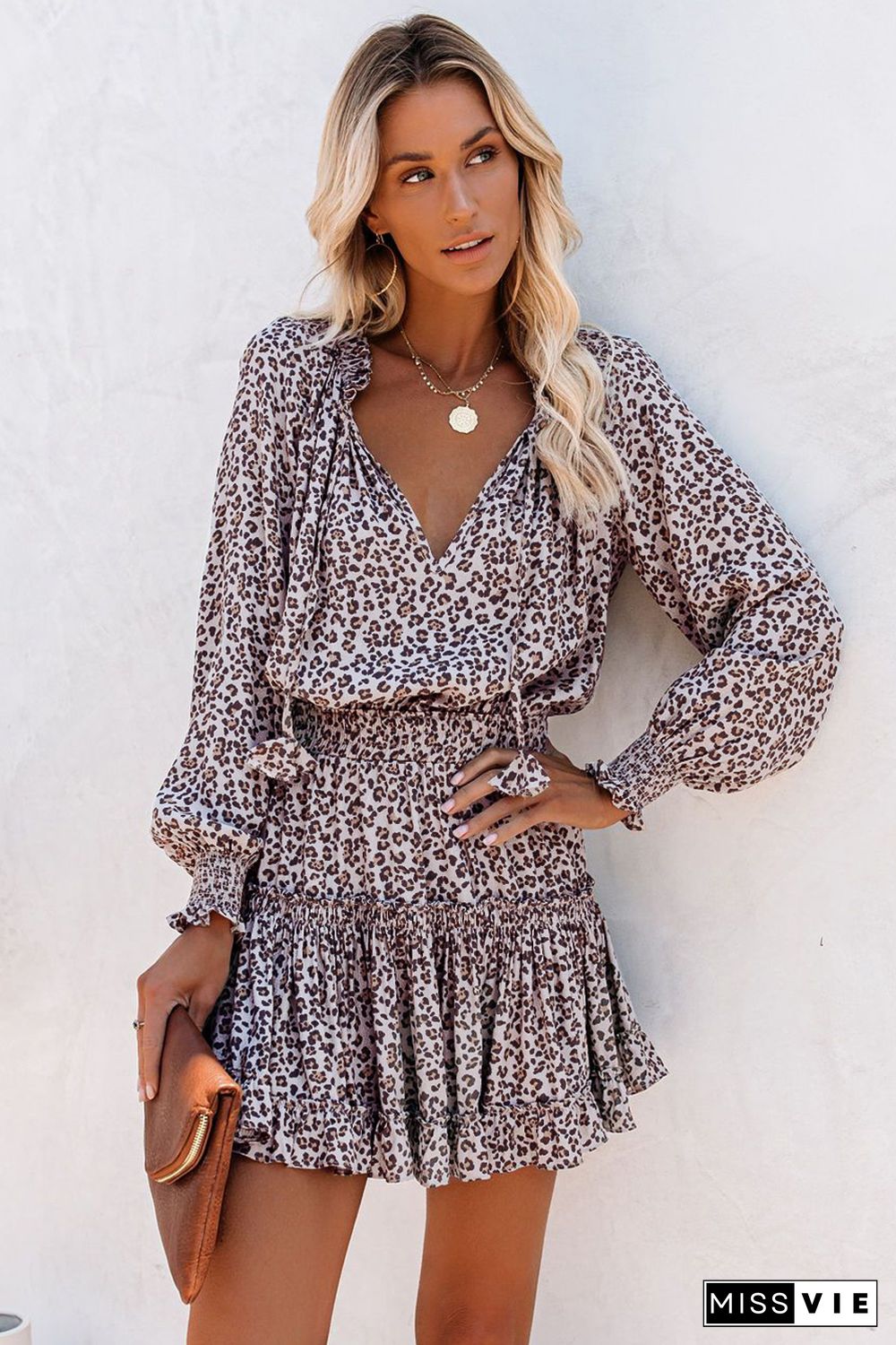 Leopard V Neck Long Sleeve Tie Waist Mini Dress