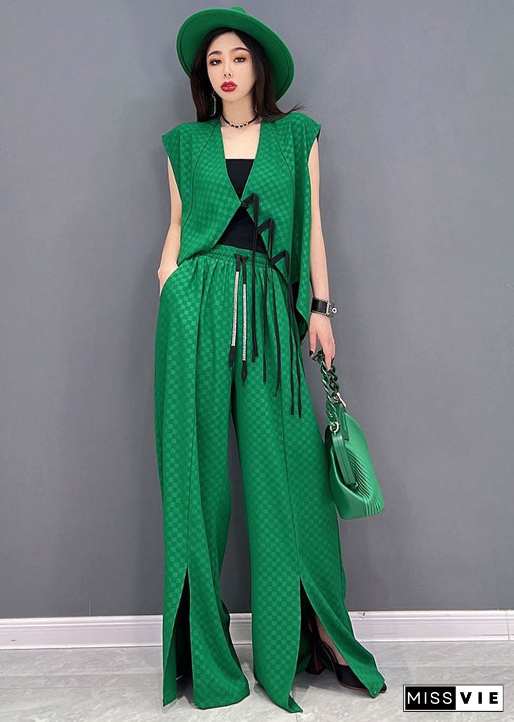 Classy Green Plaid Side Open Chiffon Vest And Wide Leg Pants Two Piece Set Outfits Summer