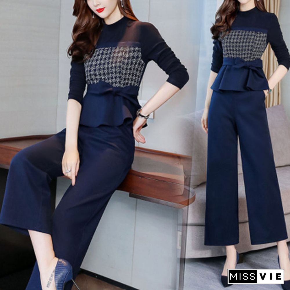 Autumn Winter Elegant Two Piece Sets Outfits Women Plus Size Long Sleeve Bow Tops And Wide Leg Pants Suits Office Sets