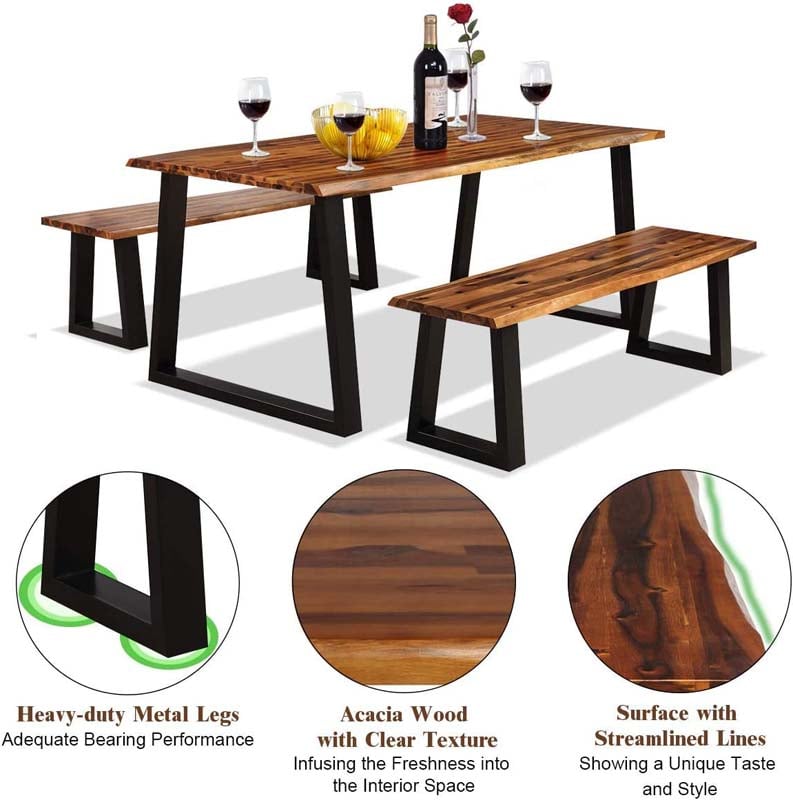 3 Pcs Rustic Acacia Wood Dining Table Set with 2 Benches, Indoor & Outdoor Picnic Table Bench with Metal Legs