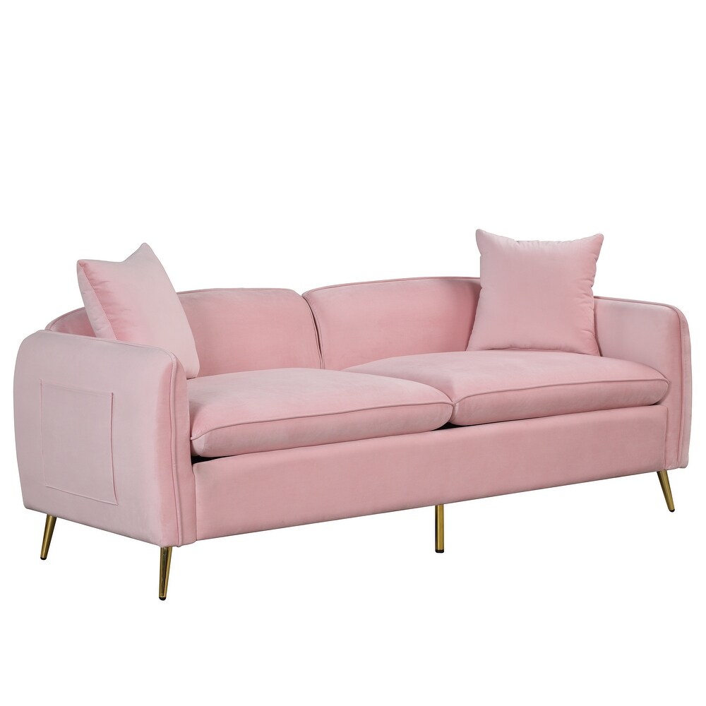 Modern Deep Seat Velvet Upholstered Sofa with Side Pocket and Pillows