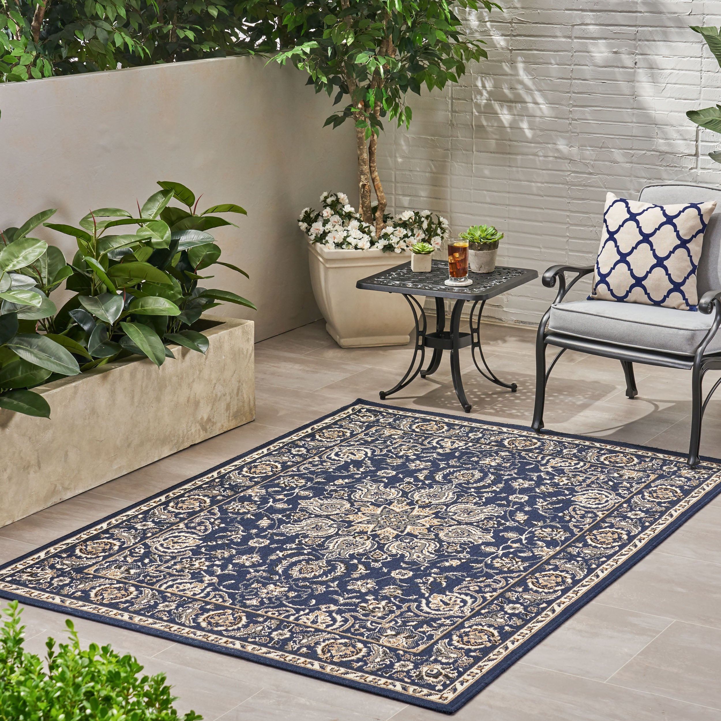 Wallis Outdoor Oriental Area Rug, Navy and Gray