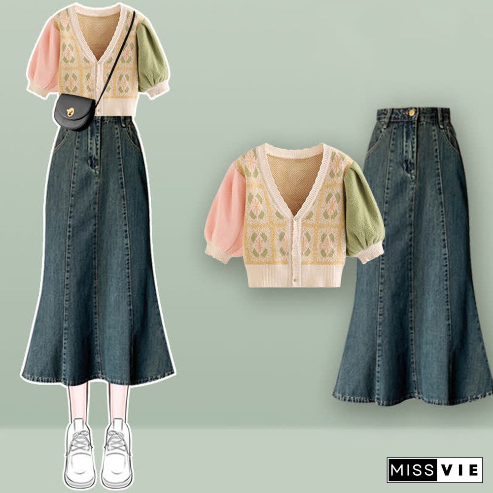 Colorblock V-neck T-Shirt Fishtail Denim Skirt Two Pieces Set