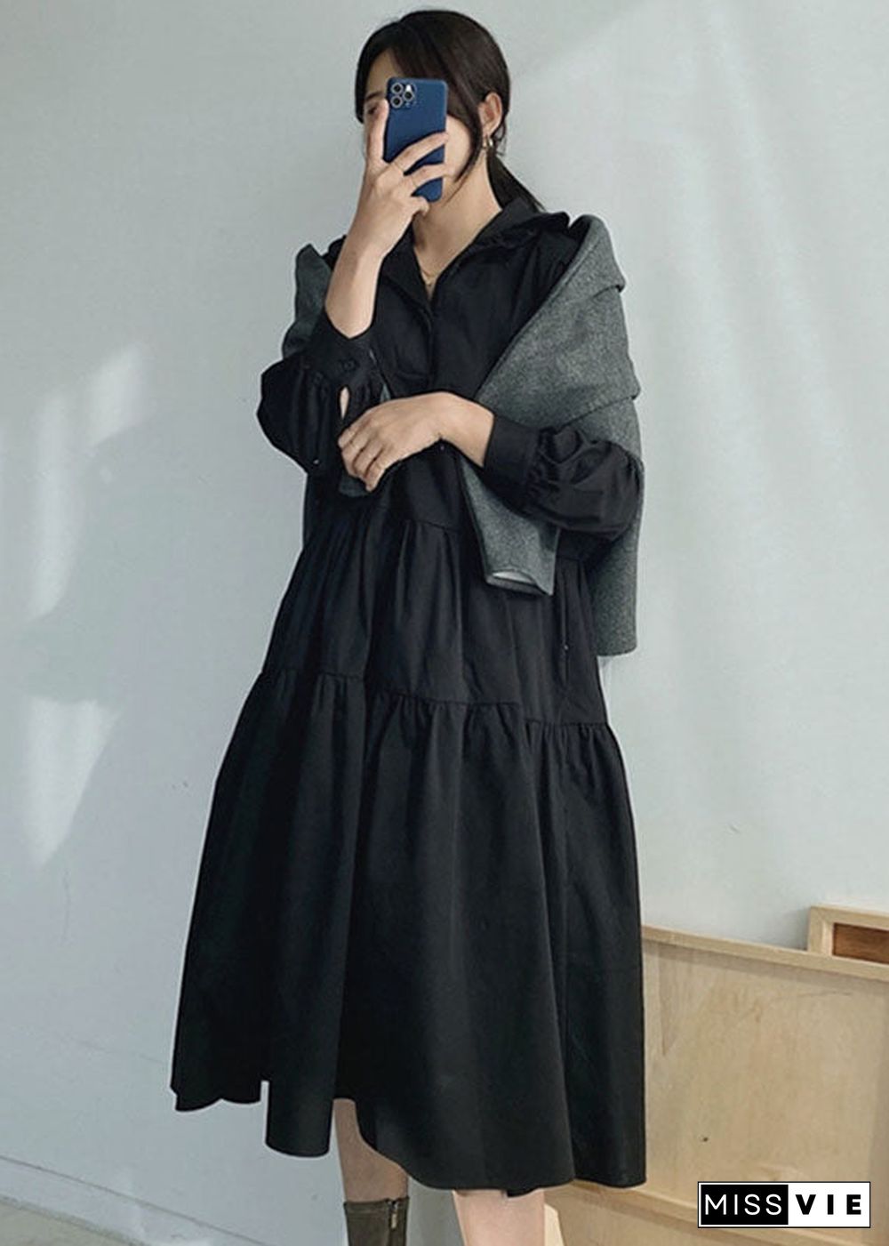 Plus Size Black Ruffled wrinkled Cotton Dress Spring