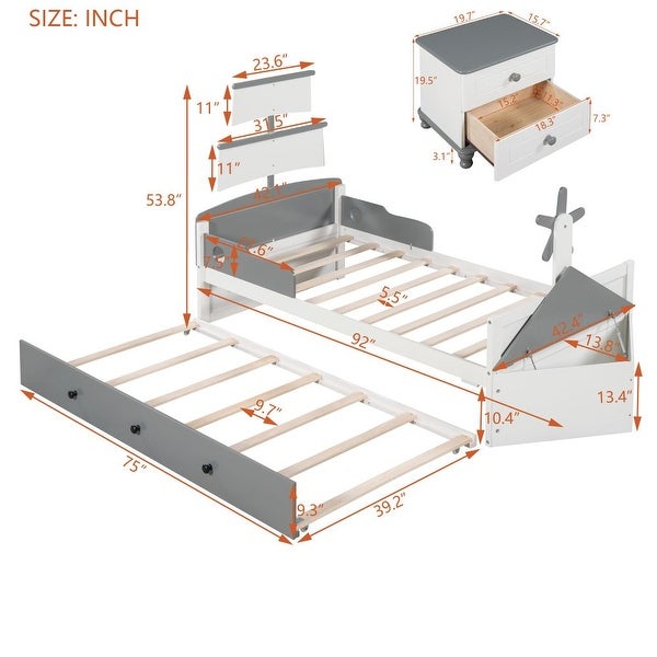 3-Pieces Bedroom Sets，Twin Size Boat-Shaped Platform Bed with Trundle and Two Nightstands - - 38073182