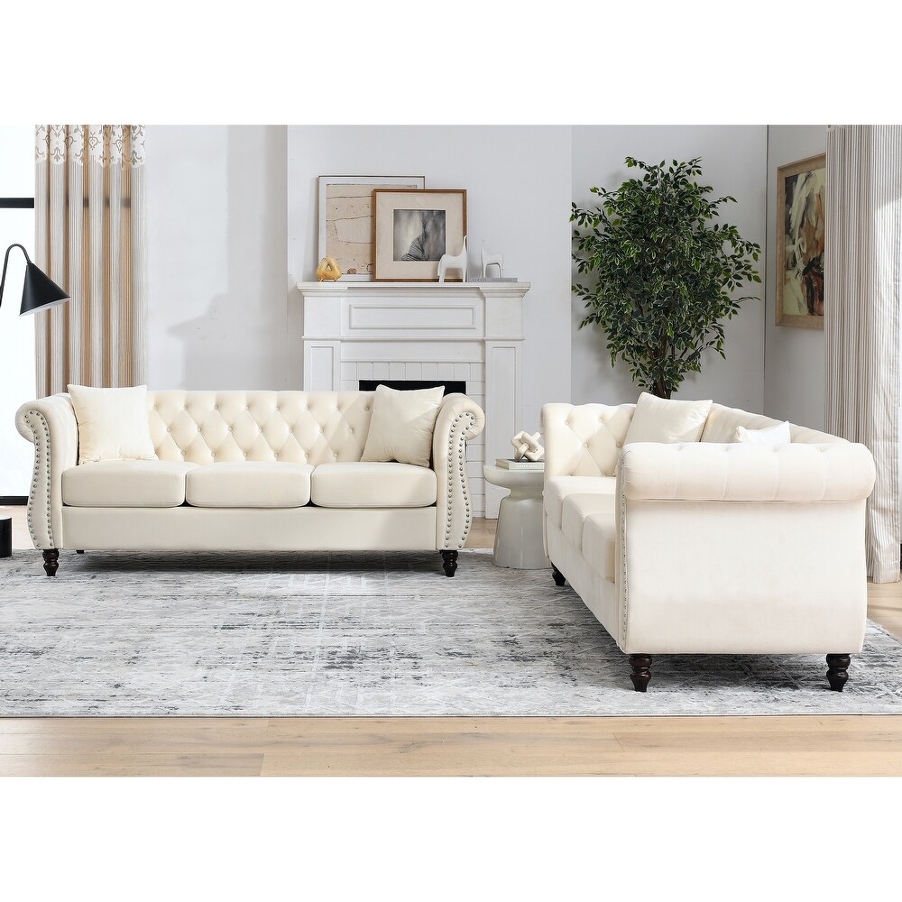 Velvet Upholstered Chesterfield Sofa Set Ergonomic Nailheads Couches Set with Removable Cushions for Livingroom