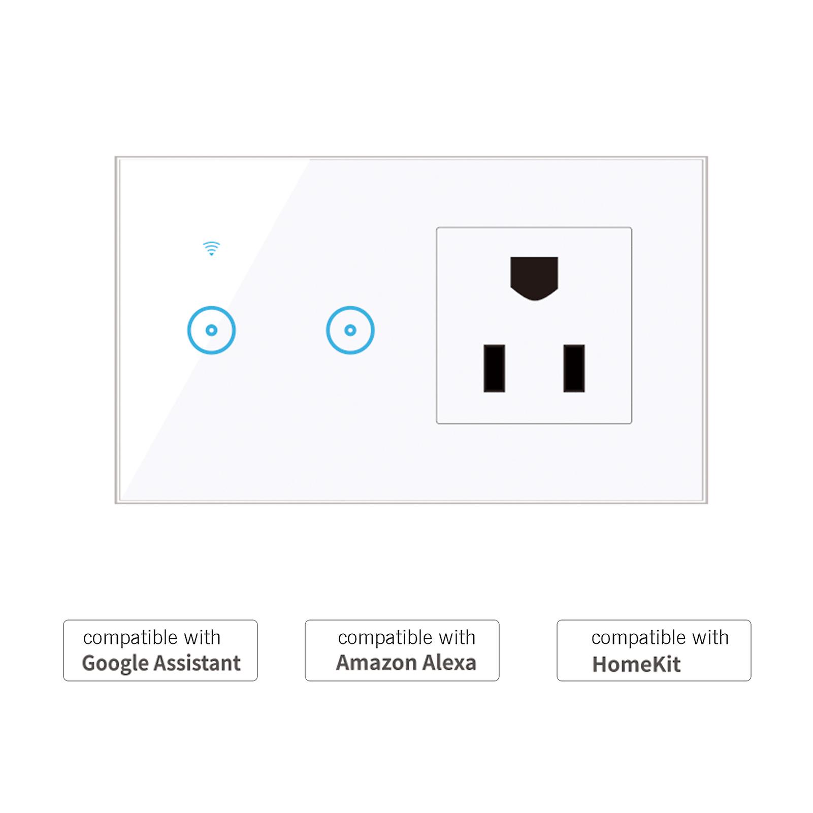 White 2 Gang and Us Standard 95-250v Wi-fi Smart Wall Outlet With 2 Gang Touch Light Switch Smart Life App Remote Control， Voice Control， Touch Control