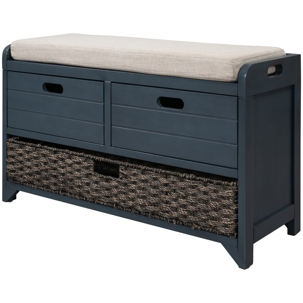 Entryway Storage Shoe Bench with Removable Basket Removable Cushion and 2 Drawers