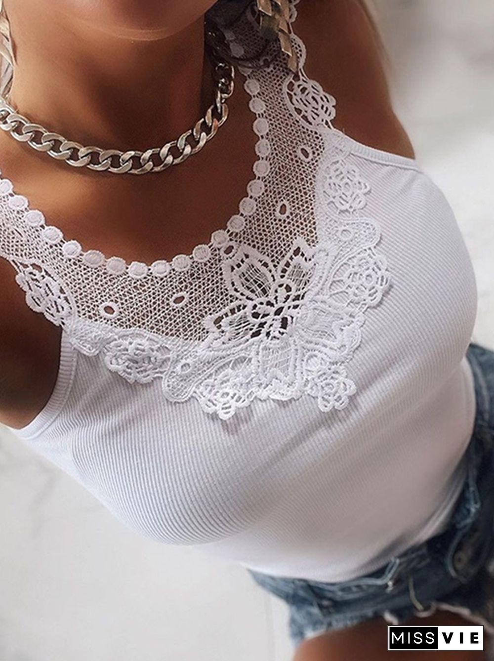 Sleeveless Lace Casual Plain Tanks & Camis