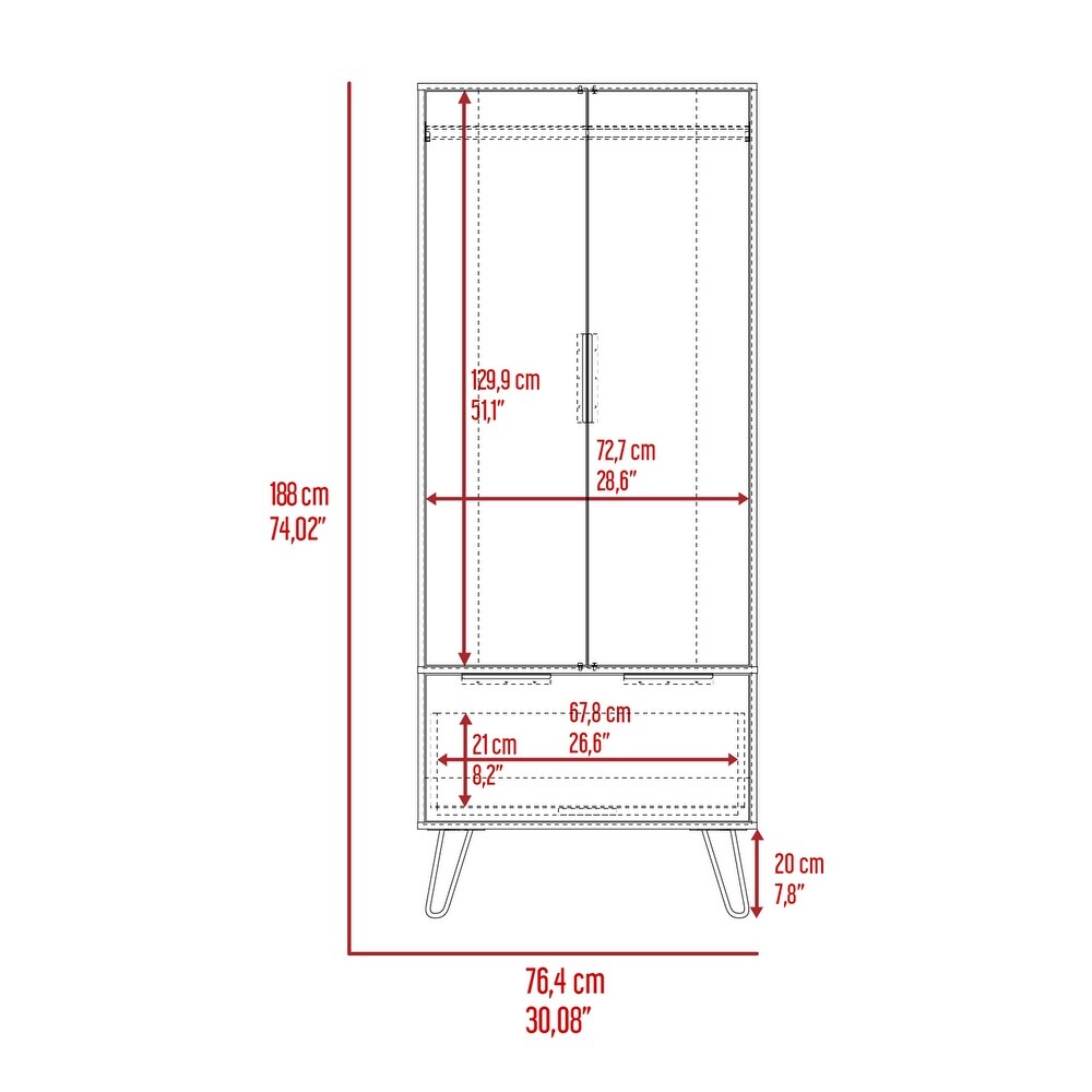 TUHOME Augusta Closet with Hanging Rod  Drawer  Hairpin Legs  and Double Door Cabinet   N/A