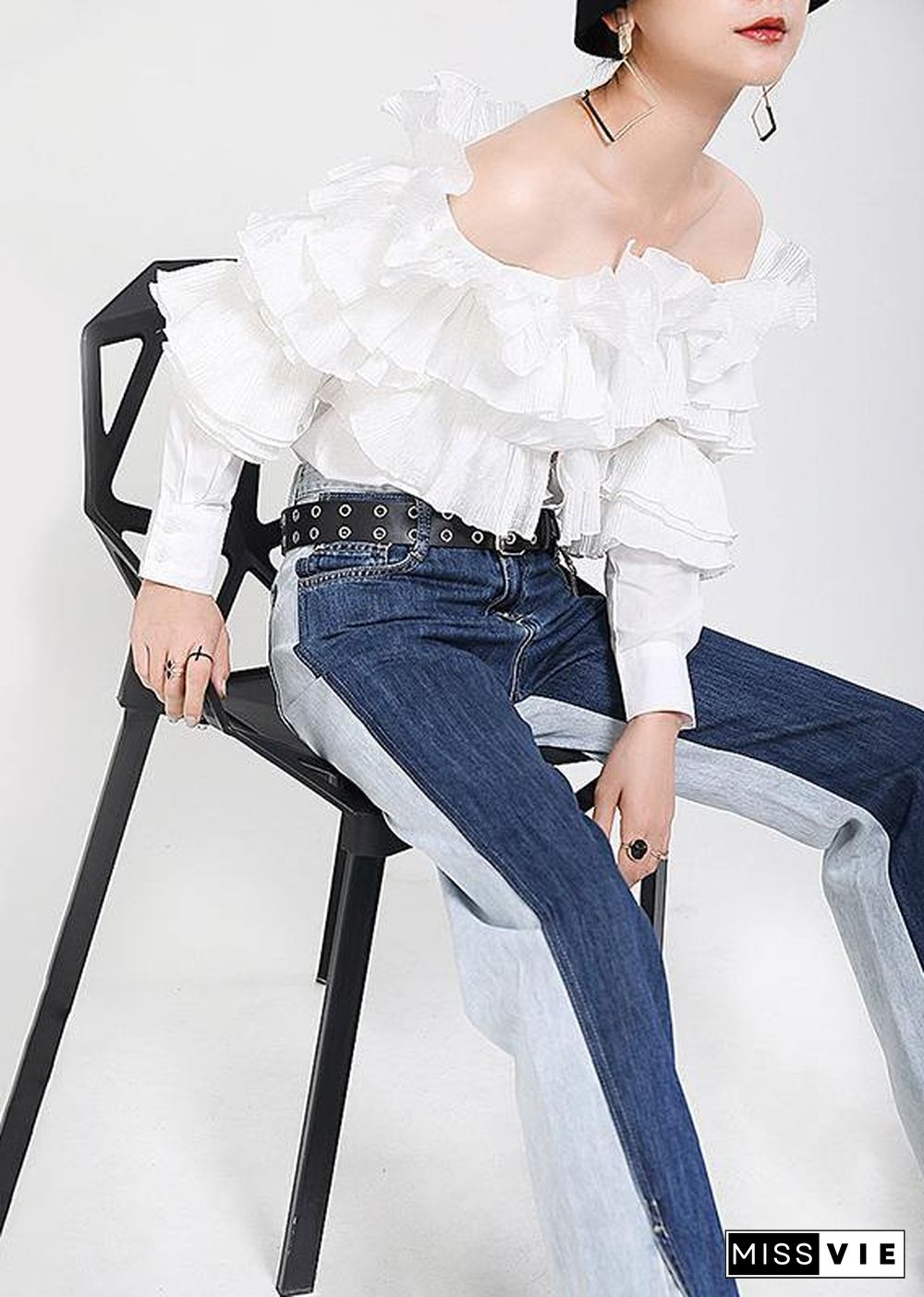 Fine White Cold Shoulder Slash neck Long sleeve Shirt Tops