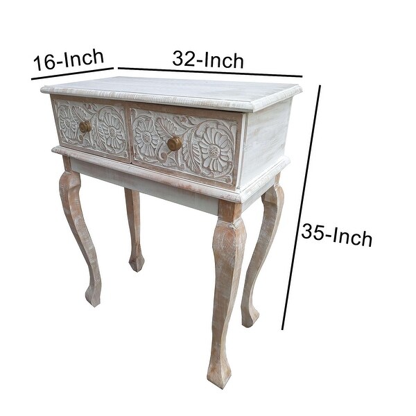 2 Drawer Mango Wood Console Table with Floral Carved Front， Brown and White