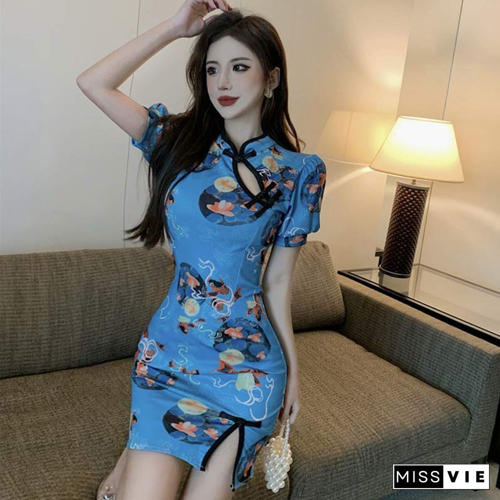 Vintage Print Buckle Split Cheongsam Dress