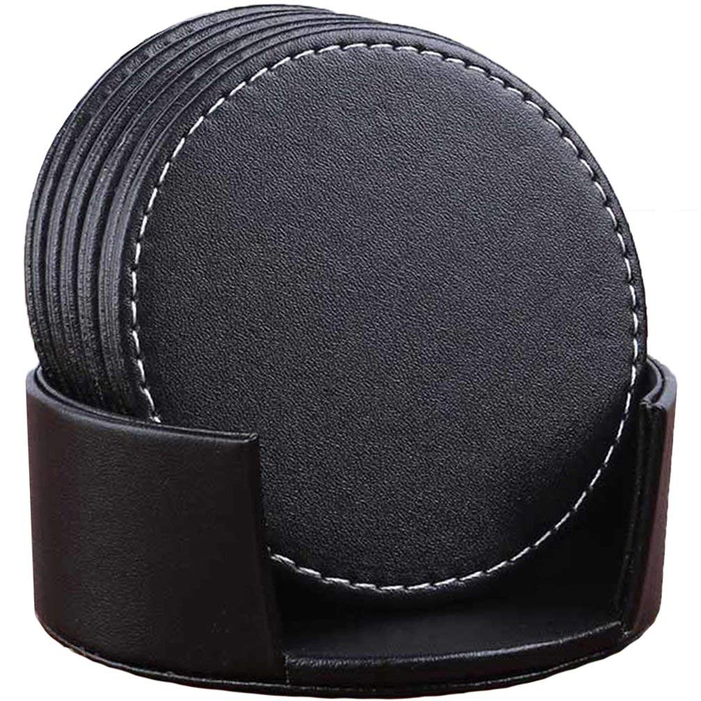 Set of 6 Leather Drink Coasters Round Cup Mat Pad for Home and Kitchen Use Black