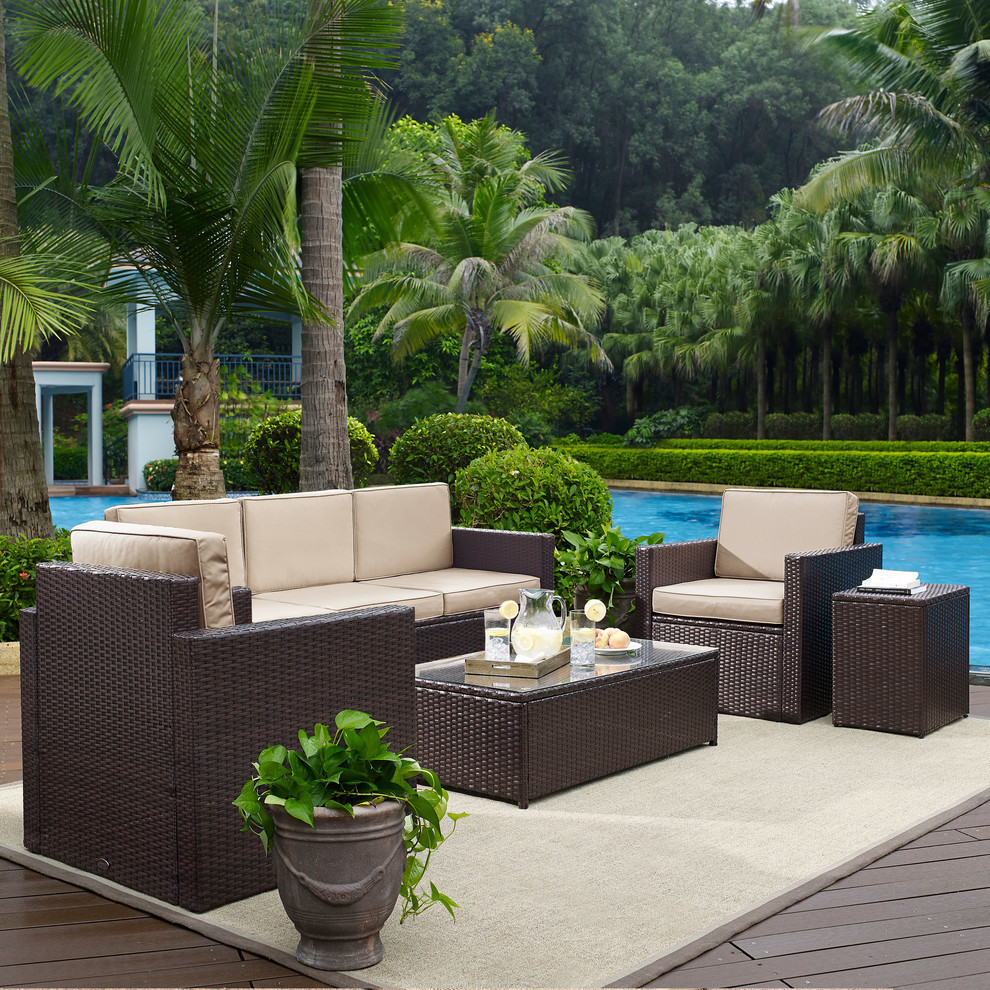 Palm Harbor 5 Piece Outdoor Wicker Sofa Conversation Set With Gray Cushions   Tropical   Outdoor Lounge Sets   by Crosley  Houzz