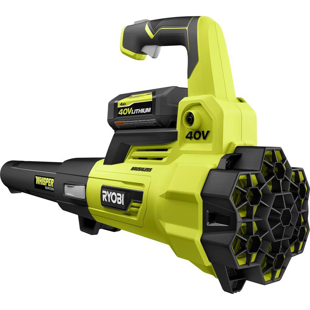 RYOBI 40V Brushless 125 MPH 550 CFM Cordless Battery Whisper Series Blower and VacuumMulcher with 4.0 Ah Battery and Charger RY40470-RY40405BTL