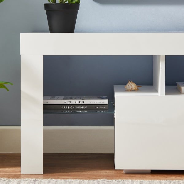 White Morden TV Stand with LED Lights， High Glossy Front TV Cabinet，Can be Assembled in Lounge Room， Living Room