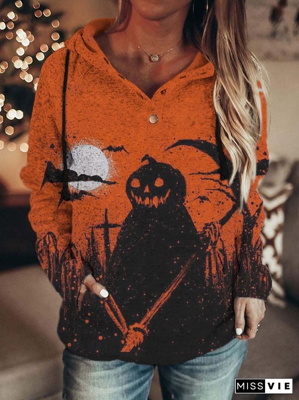 Women'S Vintage Halloween Pumpkin Spooky Art Button Hoodie