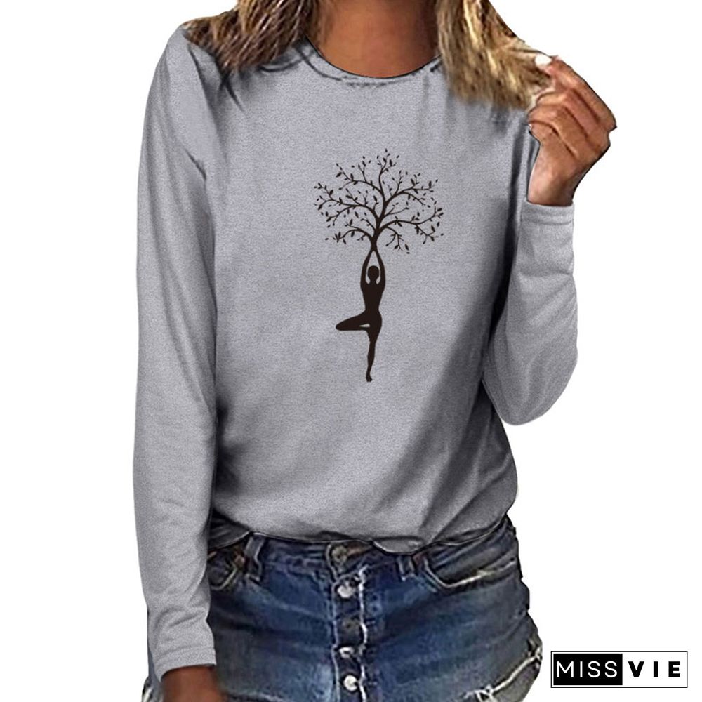 Lady Tree Print Long Sleeve T-shirts Women Autumn Winter ShirtsFor Women Cotton Graphic Tees Aesthetic White O Neck Tops Female