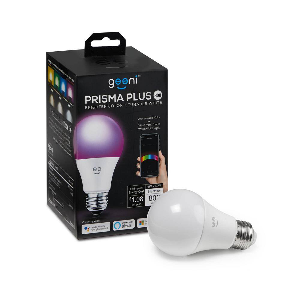 Geeni 60-Watt Equivalent Prisma Plus 800 A19 Dimmable and Tunable White LED Light Bulb Multicolor Wi-Fi Smart 2000-6500K GN-BW913-999