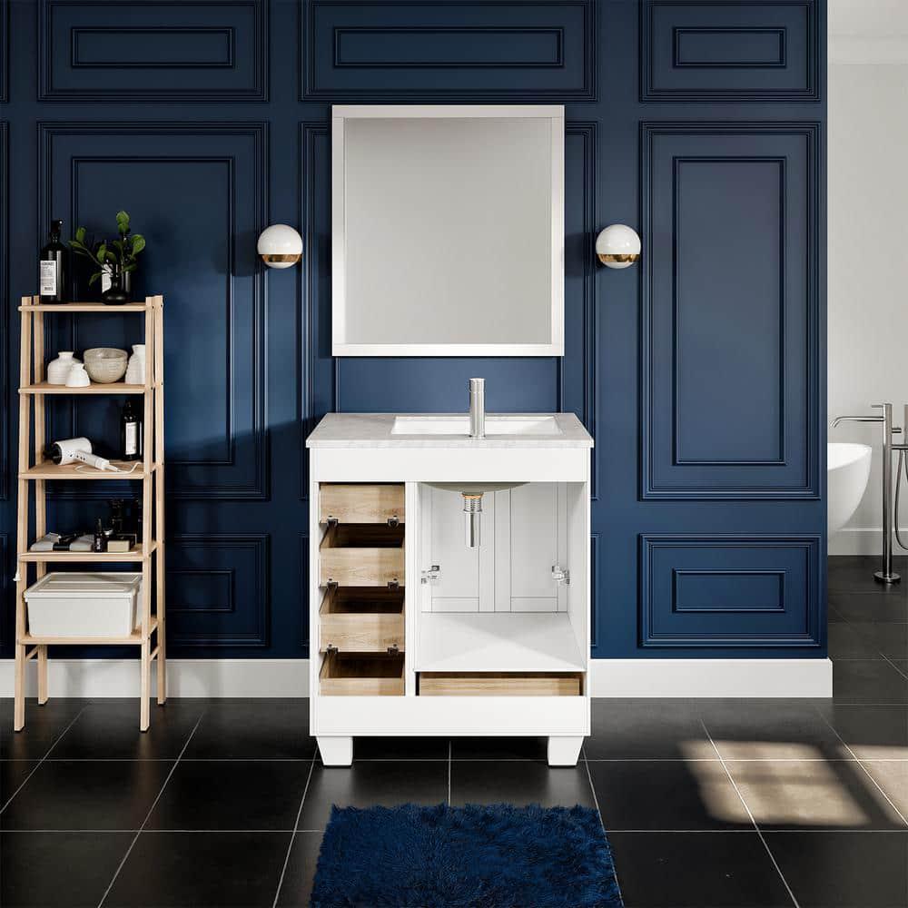 Eviva Happy 30 in W x 18 in D x 34 in H Bathroom Vanity in White with White Carrara Marble Top with White Sink