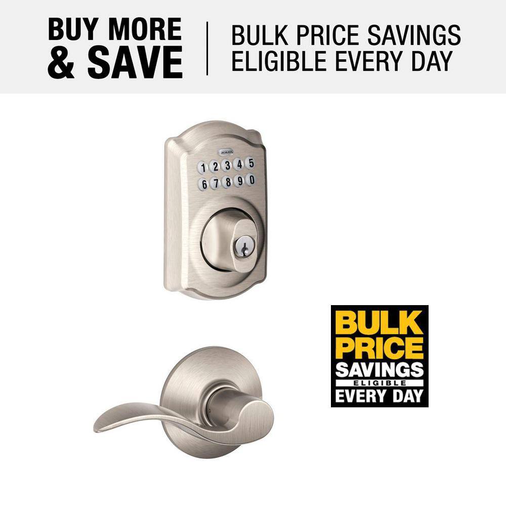 Schlage Camelot Satin Nickel Electronic Keypad Deadbolt Door Lock with Accent Door Handle FBE365 V CAM 619 ACC