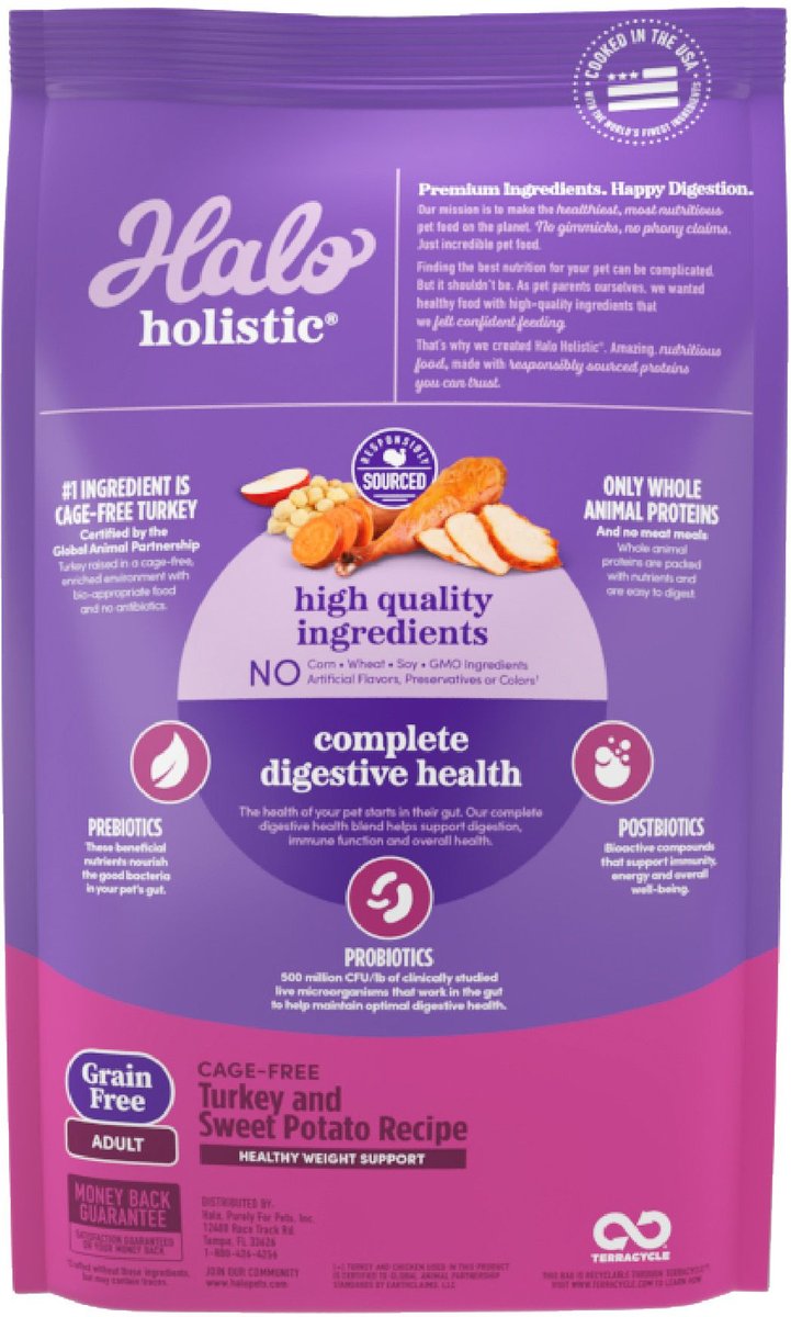 Halo Holistic Complete Digestive Health Grain Free Turkey and Sweet Potato Dog Food Recipe Adult Dry Dog Food