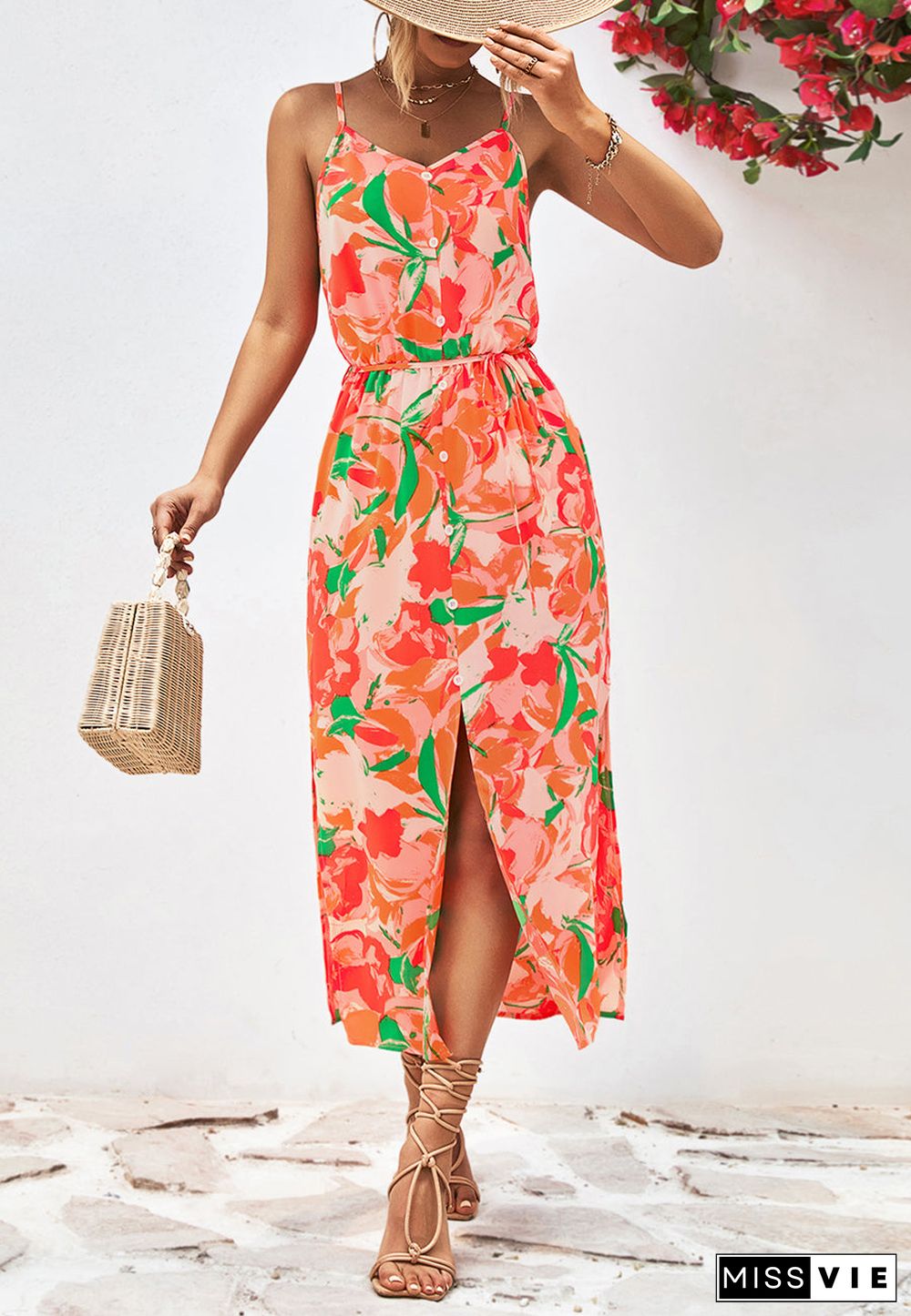 Abstract Floral Print V Neck Dress