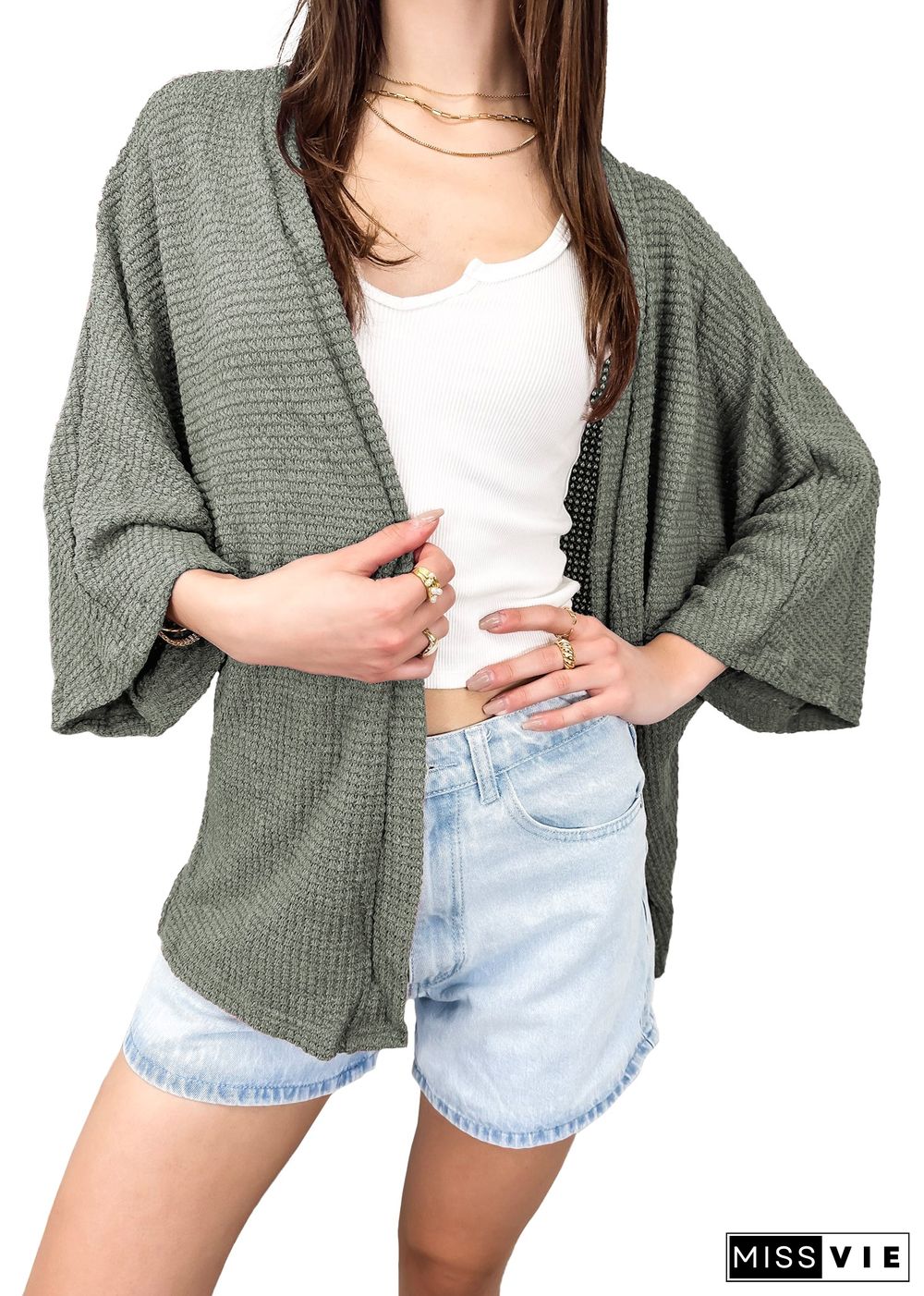 Anna-Kaci Women's Waffle Knit Kimono Cardigan Lightweight 3/4 Batwing Sleeve Sweater Beach Cover Up