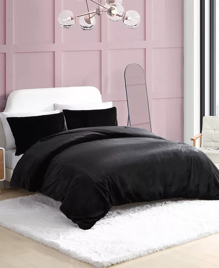 Betsey Johnson Solid Black Faux Fur 2 Piece Duvet Cover Set， Twin