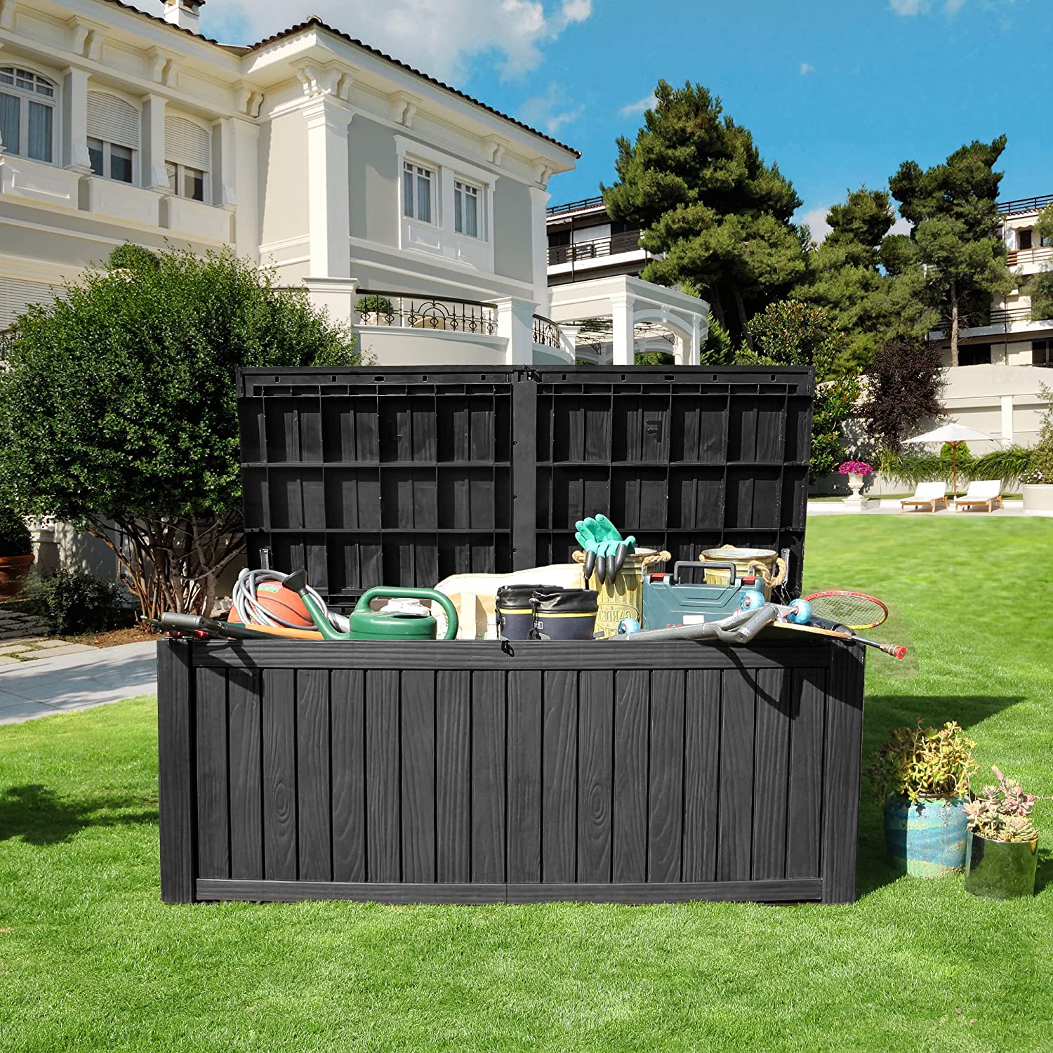 YITAHOME 150 Gallon Large Outdoor Storage Deck Box for Patio Furniture, Outdoor Cushions, Garden Tools, Sports Equipment and Pool Supplies with Flexible Divider, Waterproof, Resin, Lockable (Black)